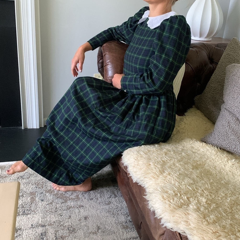 Hartstrings vintage dress plaid size S‎ collar tartan navy green maxi Victorian
